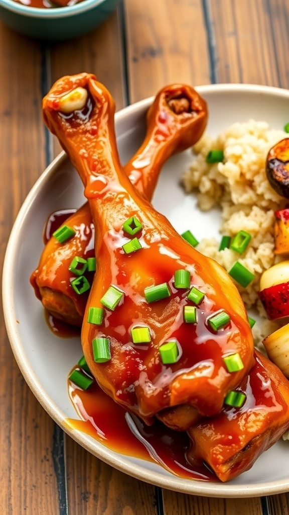 Honey Jerk Chicken Drumsticks Recipe Honey jerk chicken drumsticks on a plate, garnished with green onions, served with rice and grilled vegetables.